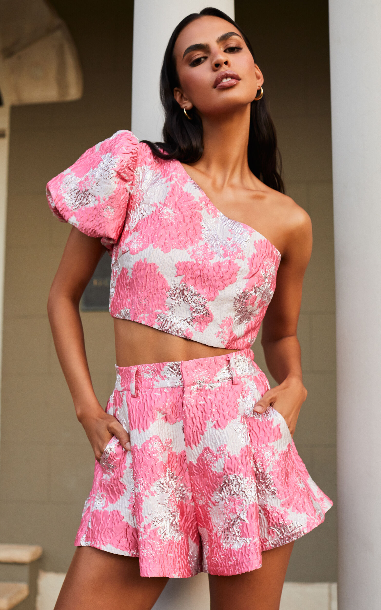 Brailey Two Piece Set - One Shoulder Puff Sleeve Top and Shorts in Light Pink Jacquard - 06, PNK1, super-hi-res image number null