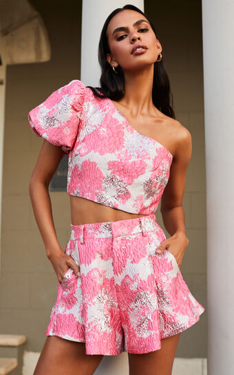 Brailey Two Piece Set - One Shoulder Puff Sleeve Top and Shorts in Light Pink Jacquard
