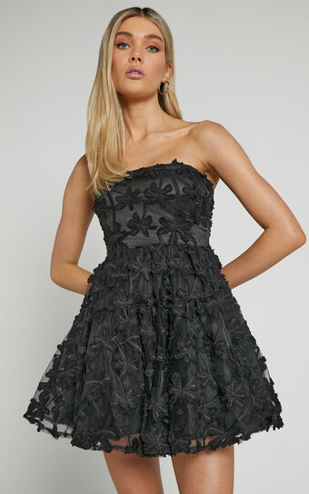 Rheiva Mini Dress - Strapless 3D Embroidery Dress in Black