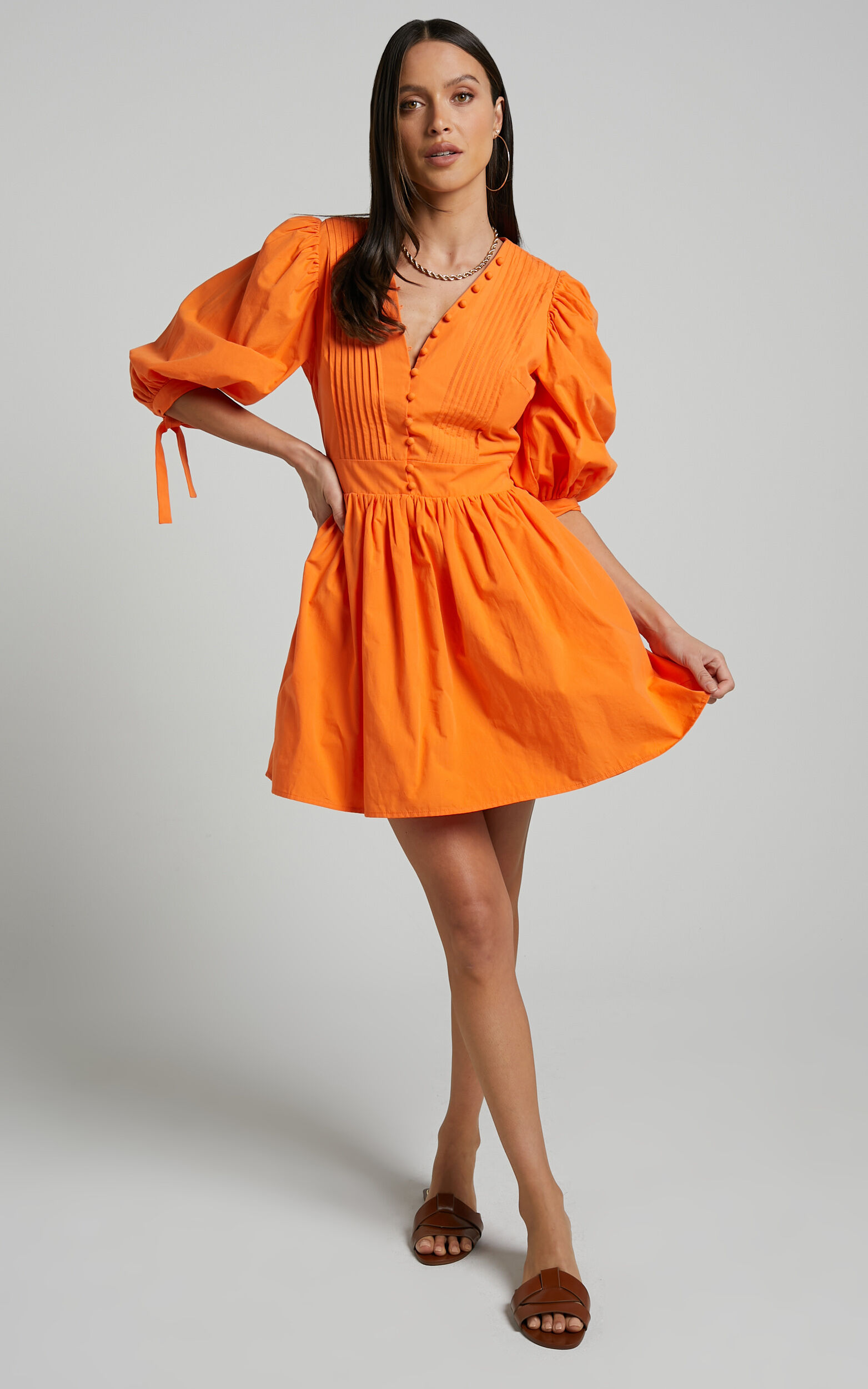 Zandra Mini Dress - Puff Sleeve Poplin in Orange | Showpo USA