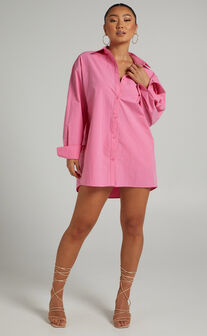 Harriet Oversized Long Sleeve Button Up Shirt in Pink