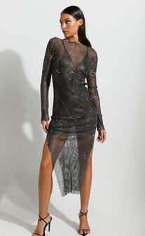 Katerina Midaxi Dress - Long Sleeve Split Diamante Mesh Dress in Black