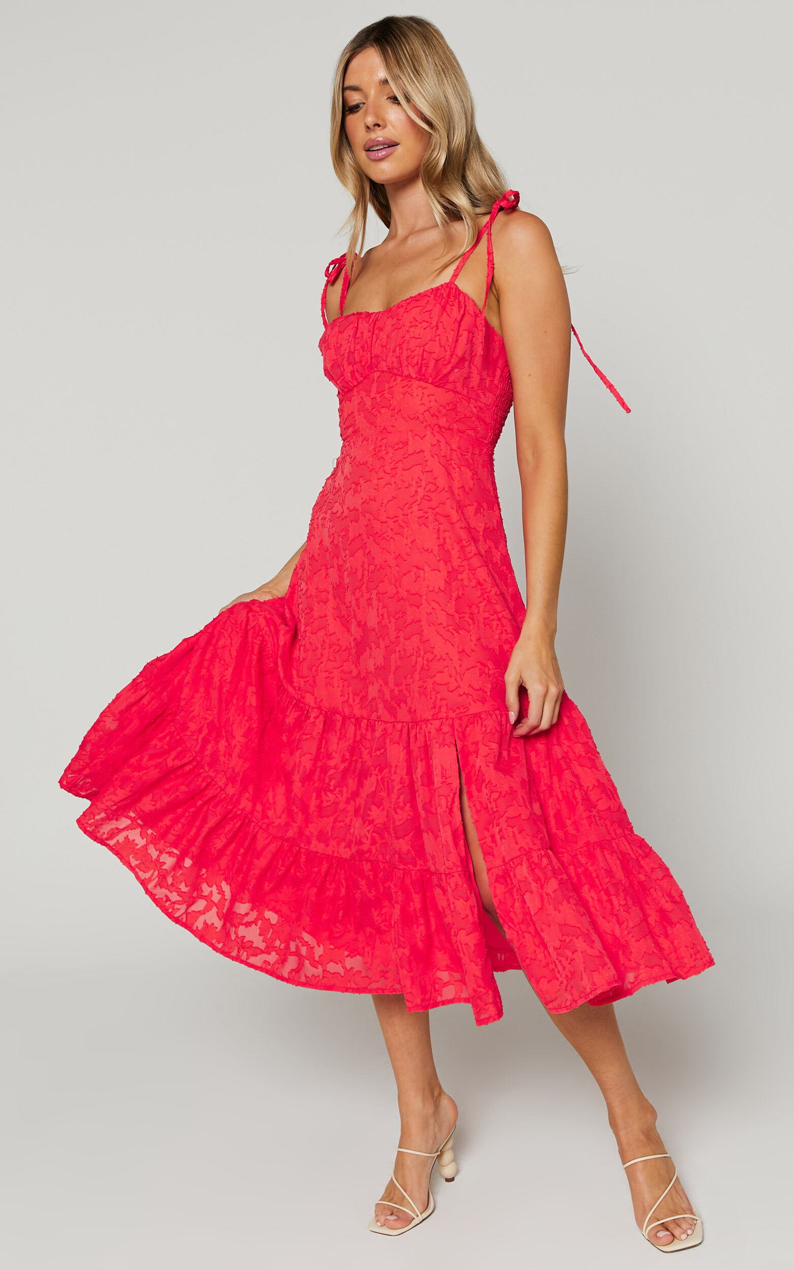 Jovena Midi Dress - Gathered Bodice Tiered Dress in Coral - 04, PNK1