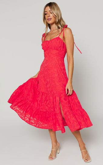Jovena Midi Dress - Gathered Bodice Tiered Dress in Coral