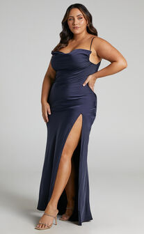 Ardent Cowl Neck Tie Back Satin Maxi Dress in Navy