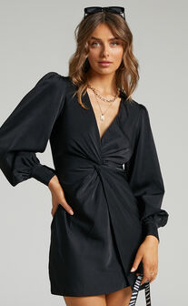 Billie Twist Front Mini Dress with Long Puff Sleeves in Black