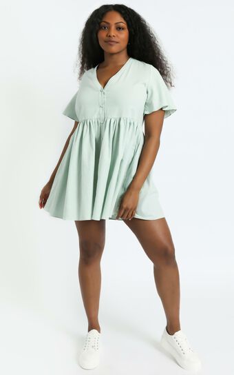 Staycation Smock Button Up Mini Dress in Light Sage