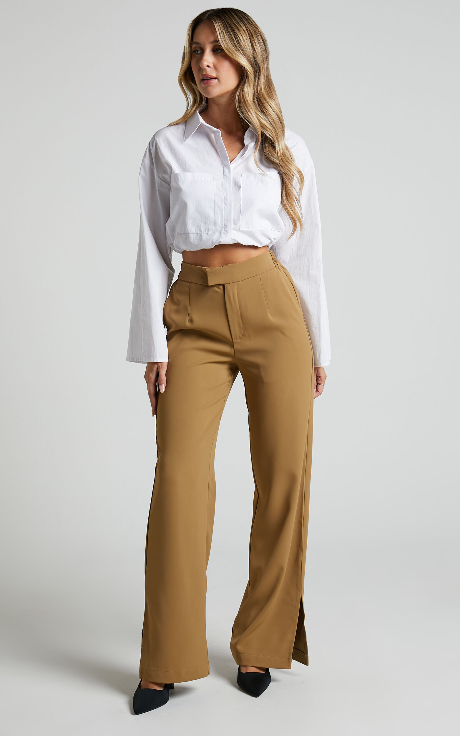 Mhina Trousers - High Waisted Split Hem Tailored Trousers in Toffee - 04, BRN1, super-hi-res image number null