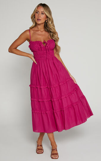 Schiffer Midaxi Dress - Strappy Ruched Tie Front Tiered Dress in Raspberry