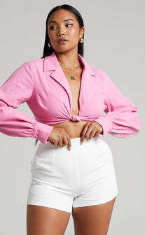 Airen Knot Front Cropped Long Sleeve Blouse in Pink