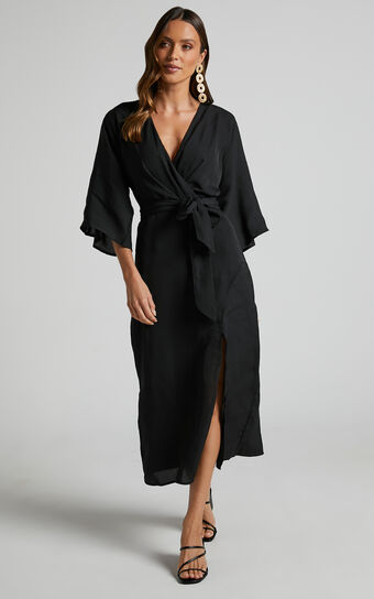 Hanlou Long Sleeve Plunge Wrap Midi Dress in Black