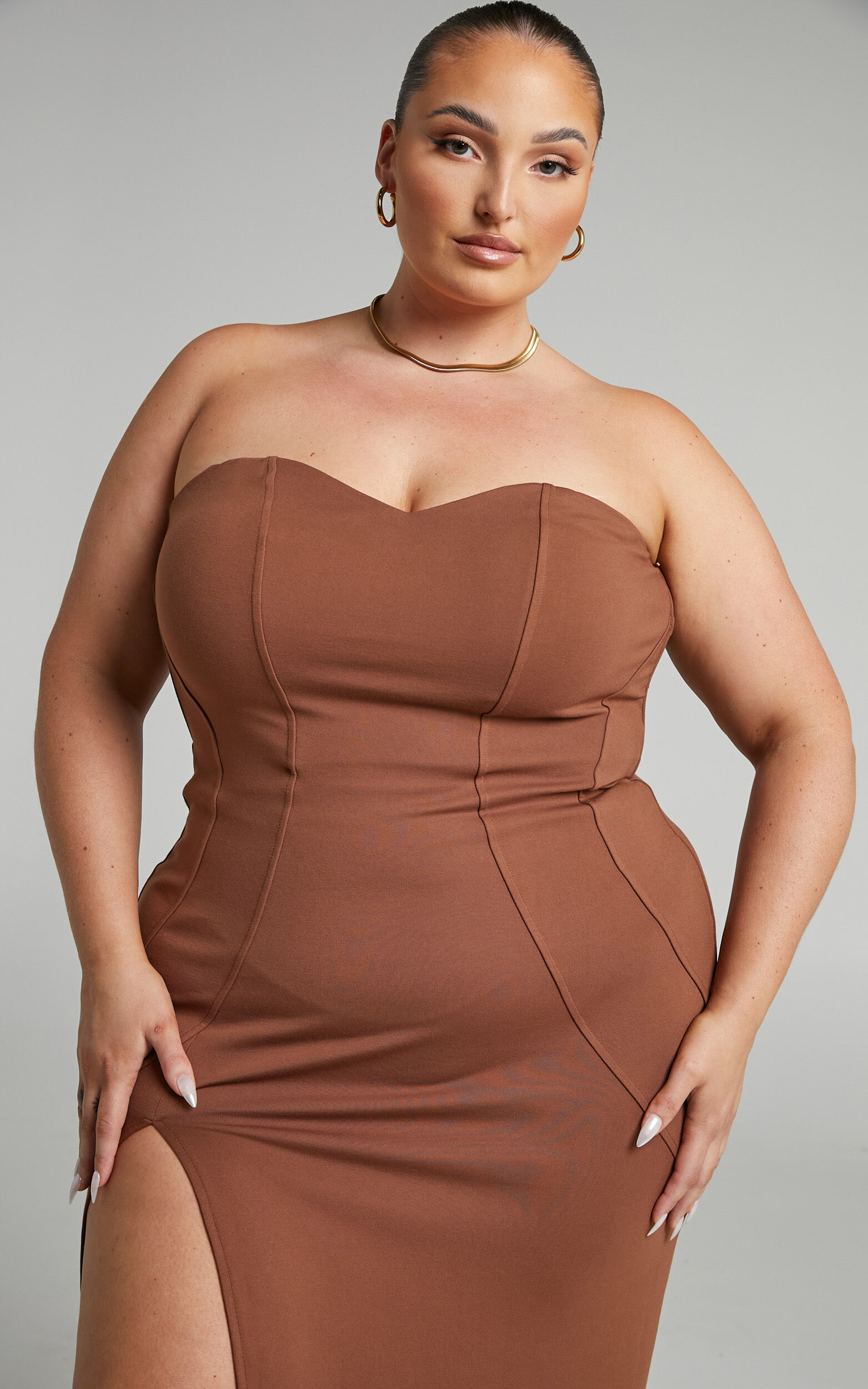 Oriella Panelled Thigh Split Strapless Maxi Dress in Chocolate - 04, BRN2, super-hi-res image number null