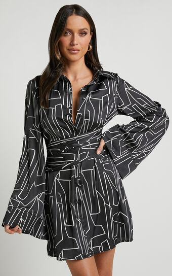 Janissa Mini Dress - Long Sleeve Shirt Dress in Black and White Linear