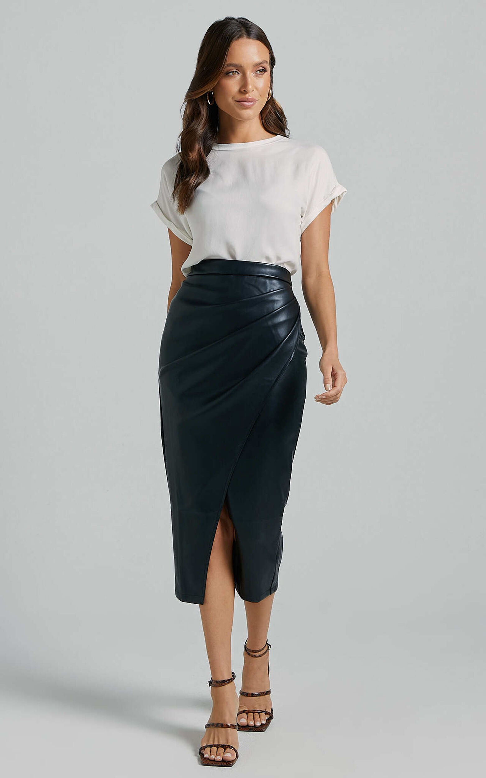 Gena Midi Skirt - Split Faux Leather Skirt in Black - 06, BLK1