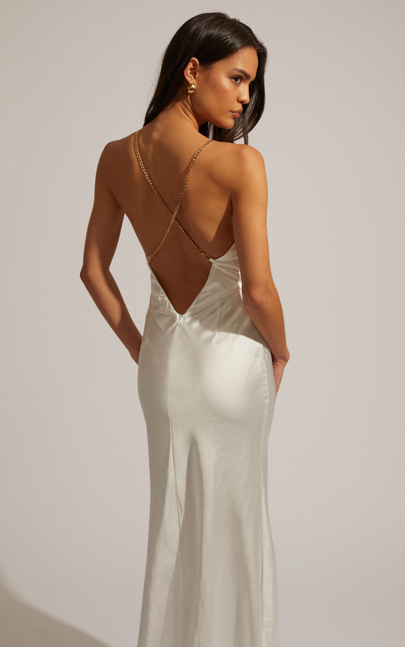 Cheche Chain Strap Plunge Bias Cut Satin Maxi Dress in Pearl - 04, PRL2, super-hi-res image number null
