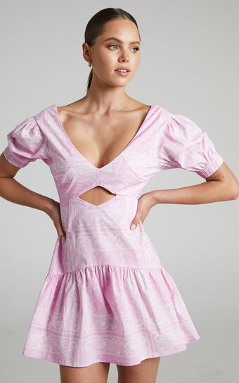 Noemi Puff Sleeve Tie Back Mini Dress in Scarf Print