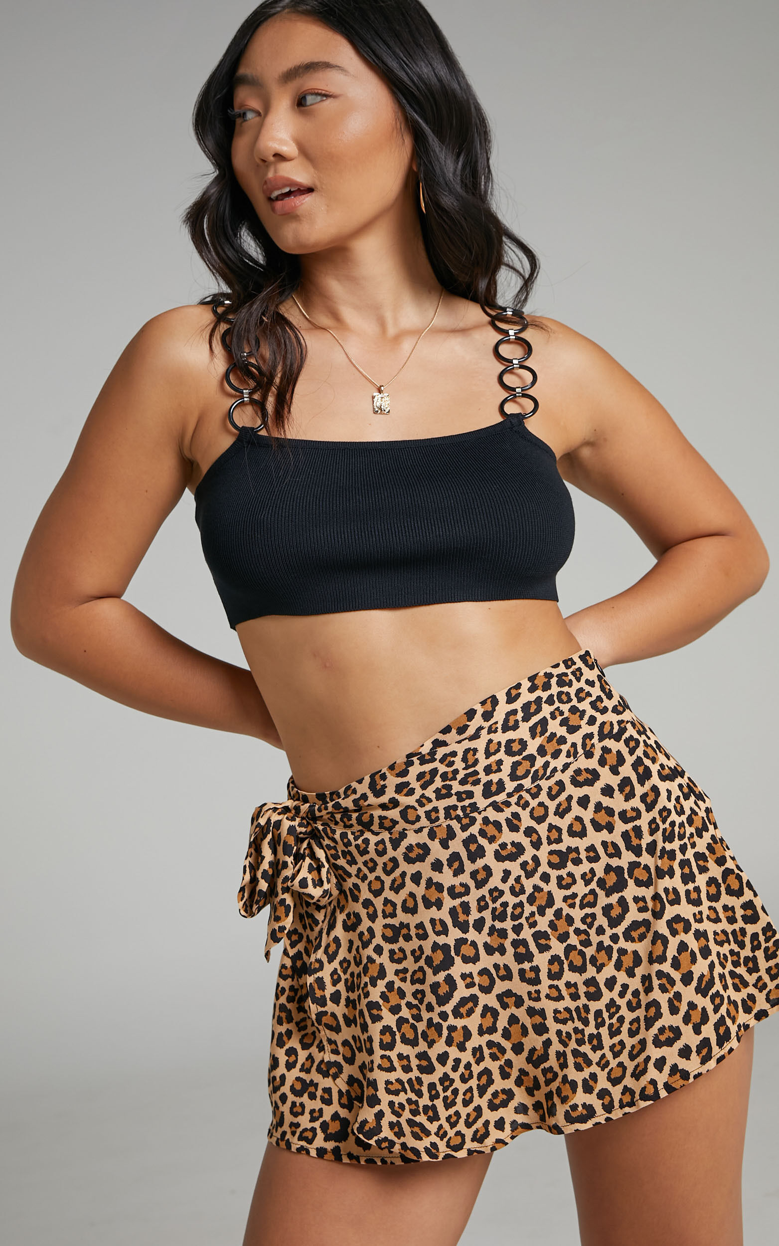 Virgetta Tie Front Wrap Shorts in Leopard Print - 04, BLK1, super-hi-res image number null