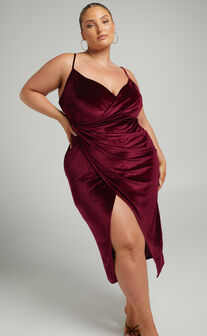 Loving Blind Midi Dress - Draped Thigh Split Dress in Wine Velvet