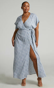 Prudence Short Sleeve Thigh Split Wrap Maxi Dress in Blue Floral