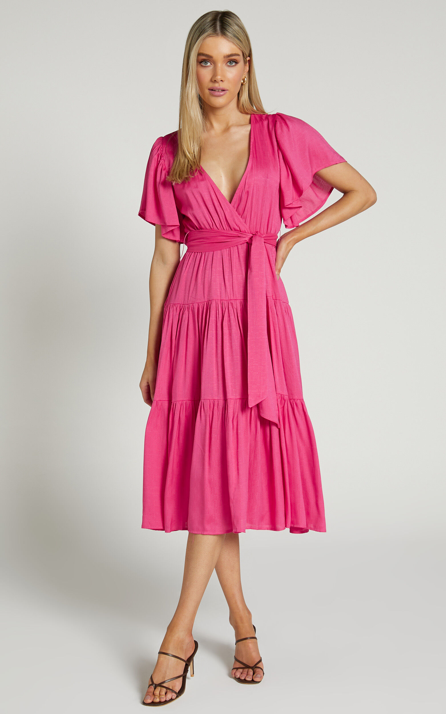 Marielle Midi Dress - Wrap Bodice Tiered Belted Dress in Pink - 06, PNK1