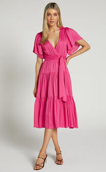 Marielle Midi Dress - Wrap Bodice Tiered Belted Dress in Pink