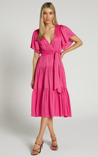 Marielle Midi Dress - Wrap Bodice Tiered Belted Dress in Pink