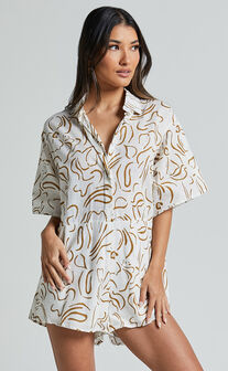 Courtney Playsuit - Short Sleeve Relaxed Button Front Linen Feel Playsuit in Cream and Choc Swirl