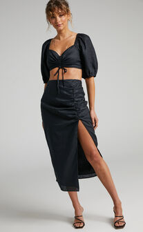 Amalie The Label - Amabel Linen Crop Top and Midi Skirt Two Piece Set in Black