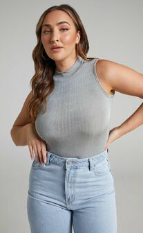 Constance High Neck Ribbed Bodysuit in Grey