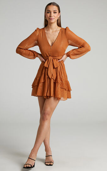 Eyes That Know Me Long Sleeve Ruffle Mini Dress in Rust
