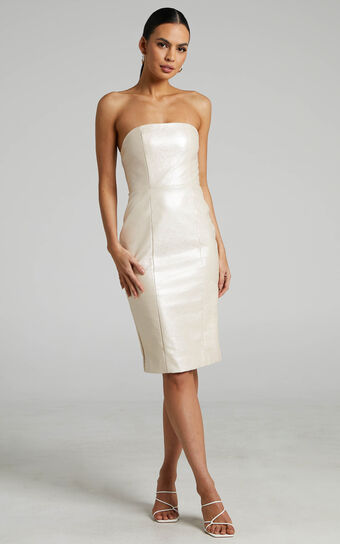 Reiko Strapless Patent Faux Leather Midi Dress in Oyster