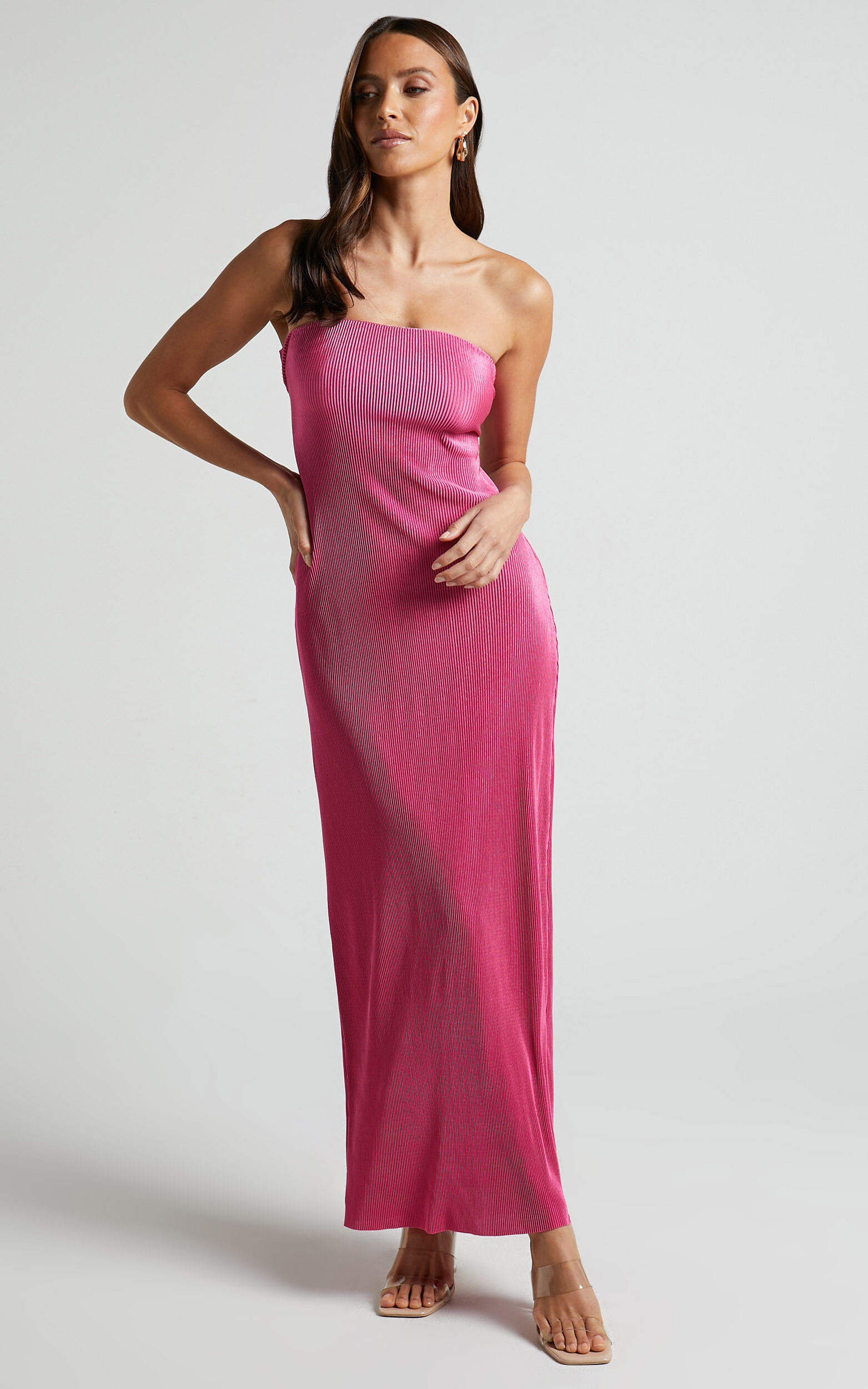 Alexis Midi Dress - Strapless Plisse Dress in Pink - 06, PNK1