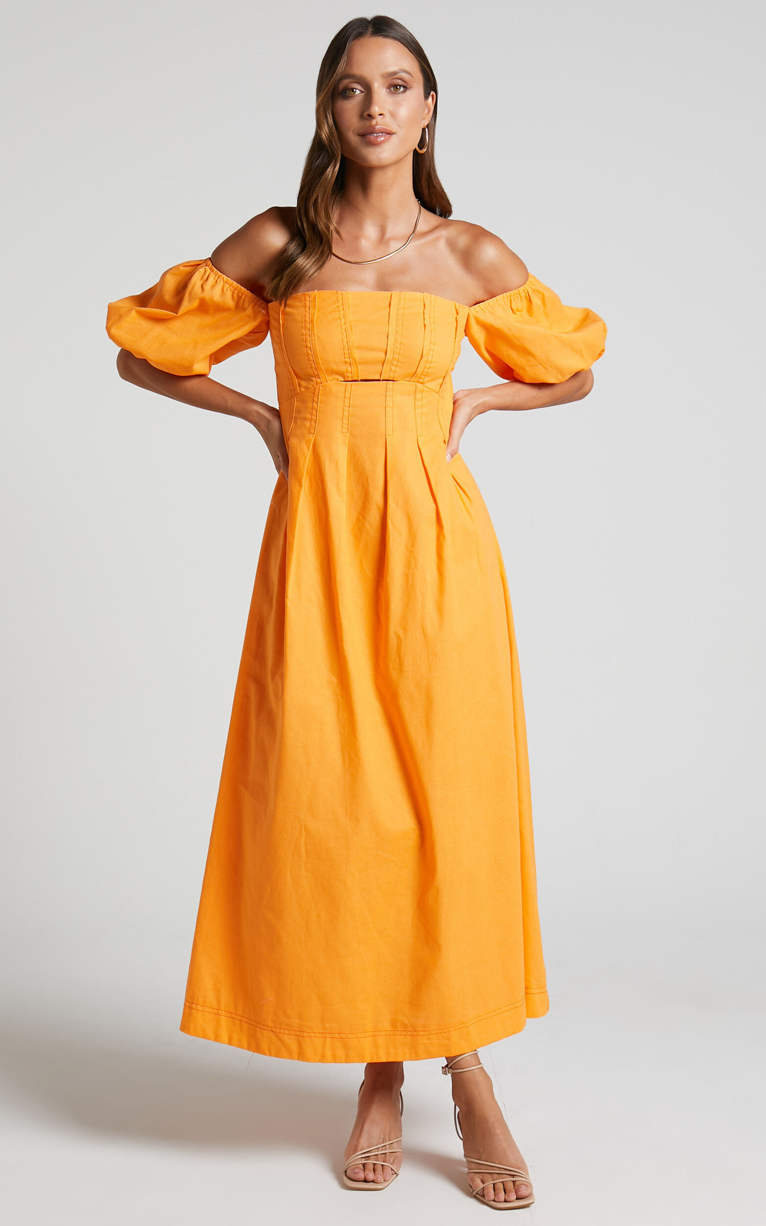 Nora Maxi Dress - Linen Off Shoulder Puff Sleeve Dress in Orange - 06, ORG1