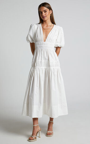 Mellie Midi Dress - Puff Sleeve Plunge Tiered Dress in White