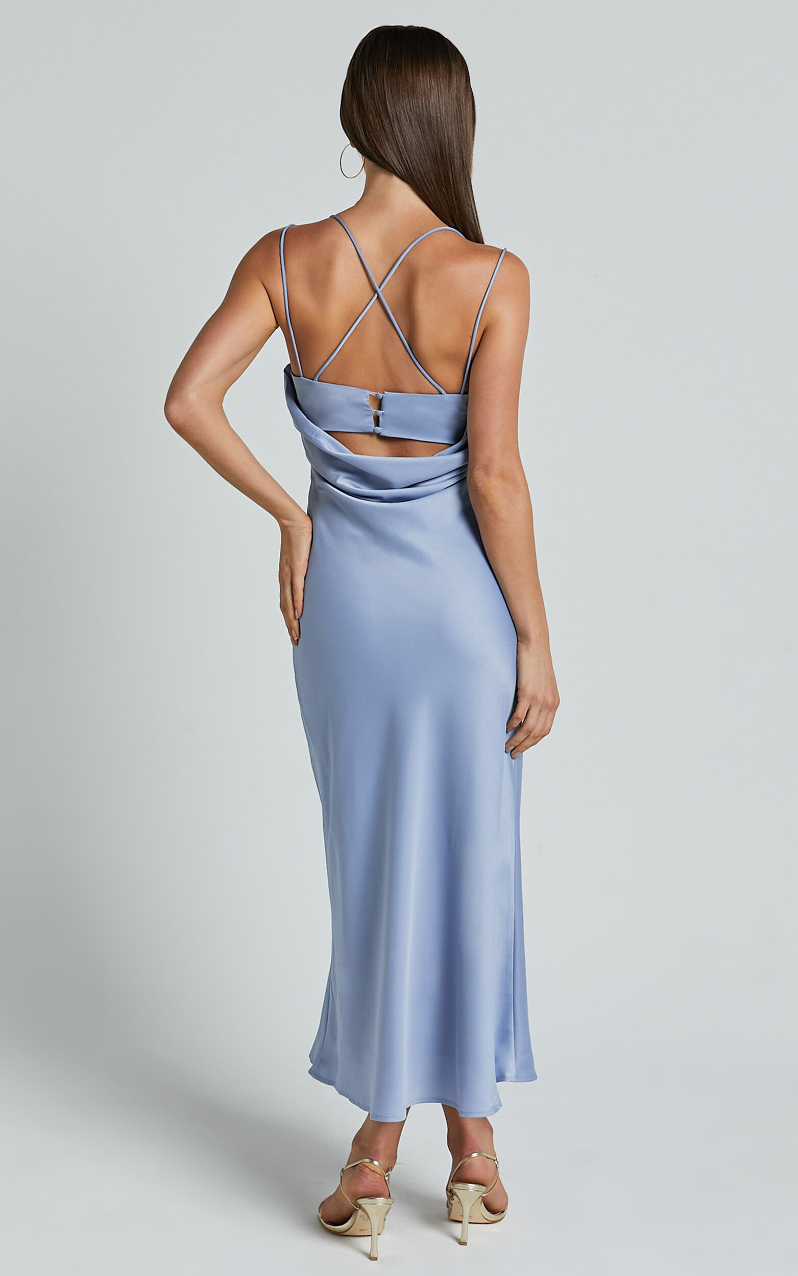 Soft Petal Midi Dress - Cowl Crossover Back Dress in Cornflower Blue ...