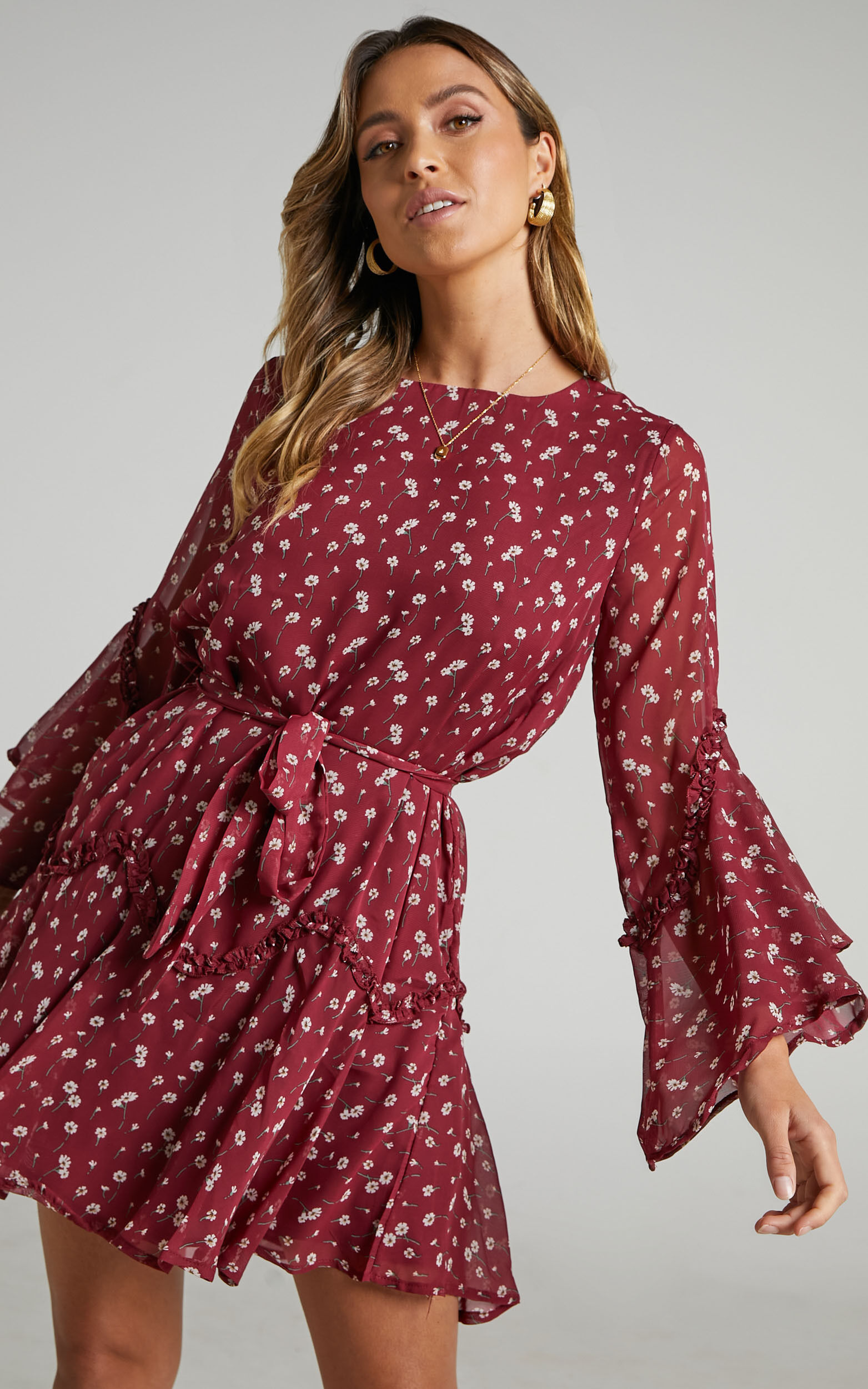 So Whats Next Bell Sleeve Mini Dress in Wine Floral - 06, WNE1