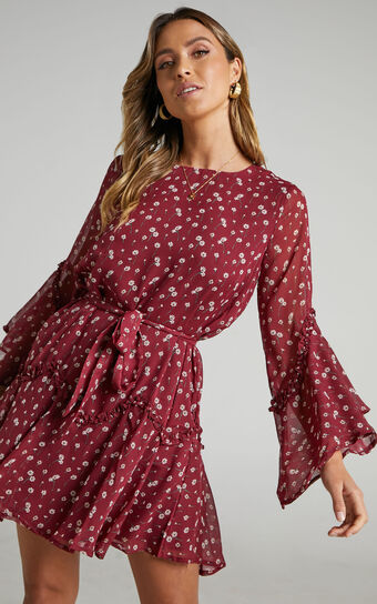 So Whats Next Bell Sleeve Mini Dress in Wine Floral