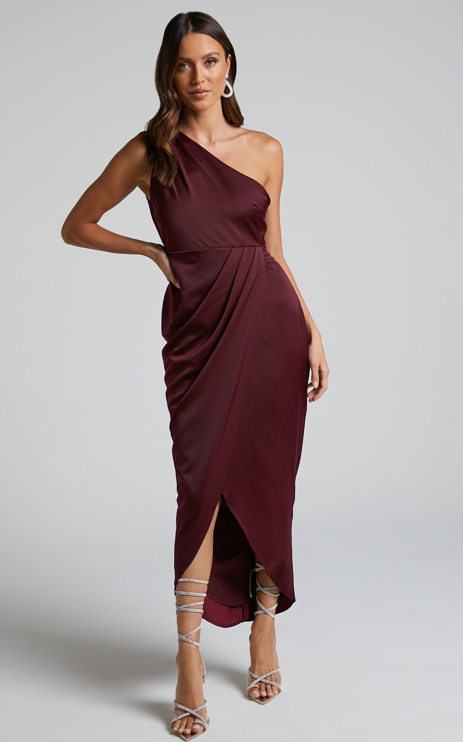 Felt So Happy Midaxi Dress - One Shoulder Drape Dress in Wine - 20, WNE6