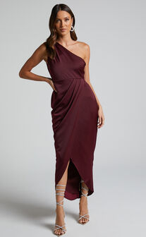 Felt So Happy Midaxi Dress - One Shoulder Drape Dress in Wine