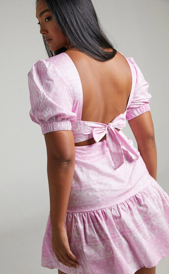 Noemi Puff Sleeve Tie Back Mini Dress in Scarf Print