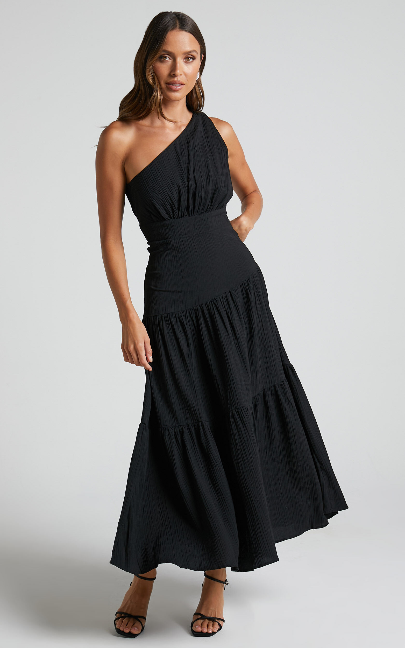 Celestia Midaxi Dress - Tiered One Shoulder Dress in Black - 06, BLK1