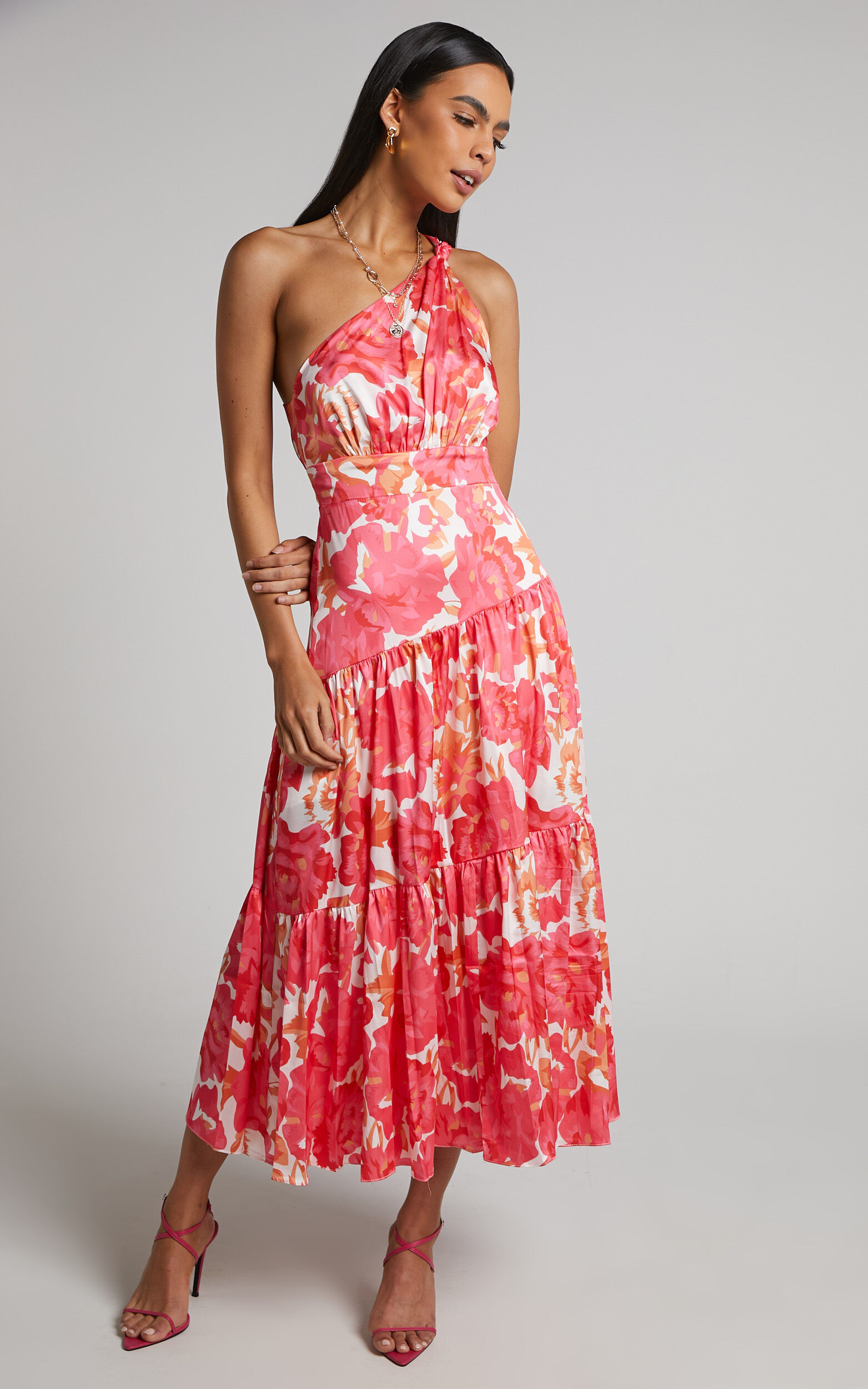 Georgine Midi Dress - One Shoulder Ruched Tiered Dress in Peony Blossom - 06, PNK1, super-hi-res image number null