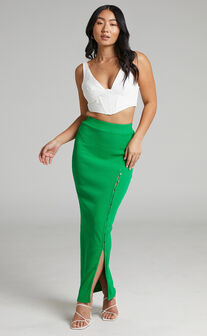 Ellejude Ribbed Knit Button Trim Maxi Skirt in Green