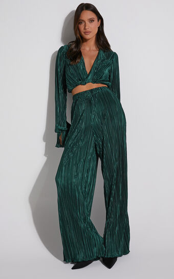 Aluna Two Piece Set - Plisse Twist Front Crop Top and Wide Leg Pants Set in Forest Green