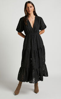 Elpina Button Through Tiered Shirt Midi Dress in Black