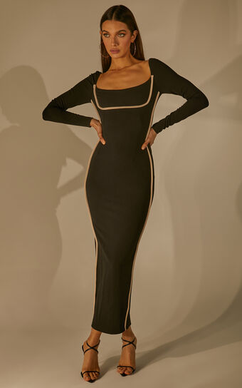 Claudine Midaxi Dress - Bodycon Long Sleeve Contrast Stitch Dress in Black