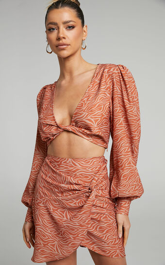 Malaika  Long Sleeve Plunge Crop Top and Wrap Mini Skirt Two Piece Set in Sahara Zebra