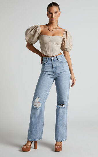 Miho High Waisted Recycled Cotton Distressed Wide Leg Jeans in Mid Blue Wash