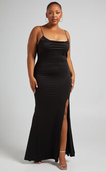 Tasteful Midaxi Dress - Cowl Neck Bodycon Thigh Split Dress in Black