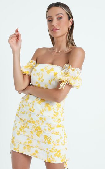 Cant Get You Off My Mind Off The Shoulder Mini Dress in Yellow